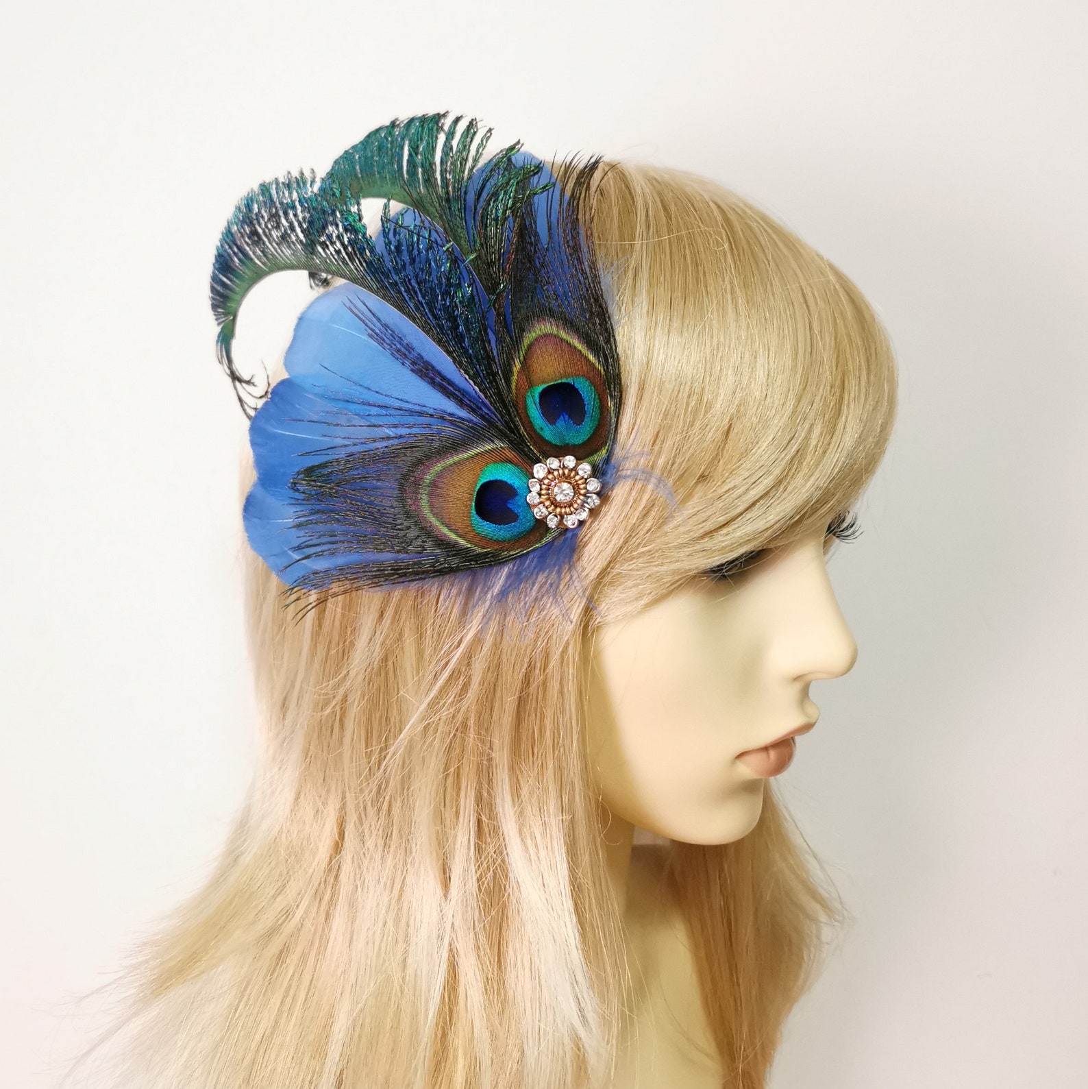 Royal Blue Gold Fascinator Cobalt Peacock Feather Hair Clip Etsy