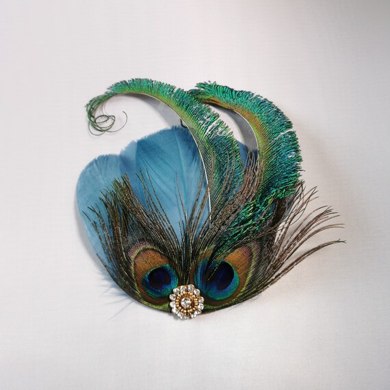 Blue Green Gold Peacock Feather Fascinator Hair Clip Races Cocktail 1920s 5133 