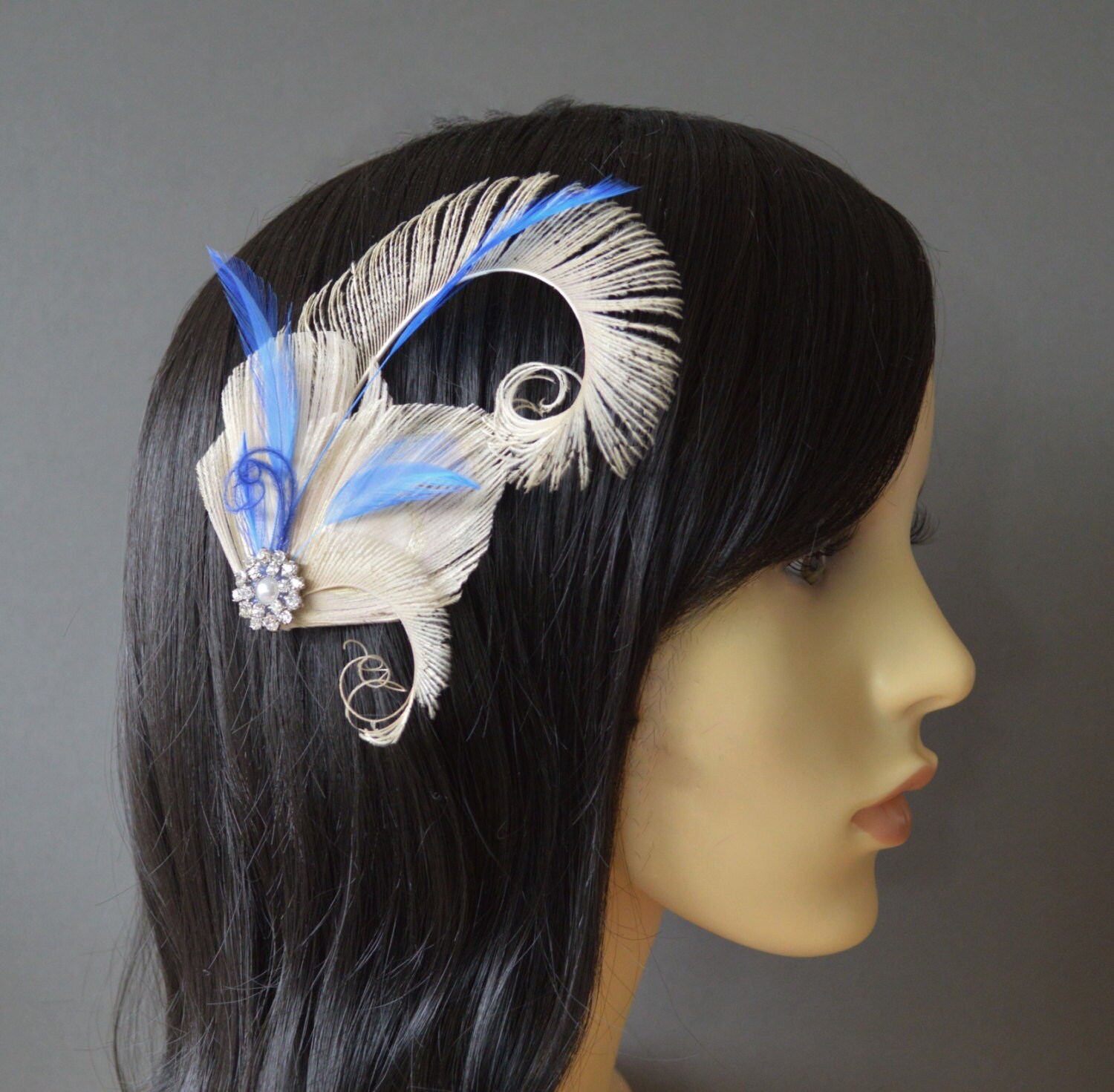Cream Royal Blue Peacock Feather Hair Clip Nude Ivory Etsy UK