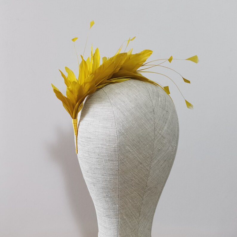 Mustard Yellow Feather Headband Fascinator Feathers Wedding Bridesmaids Bridal Hair Accessory Black Brunette Blonde Gold Silver 'Luna' 