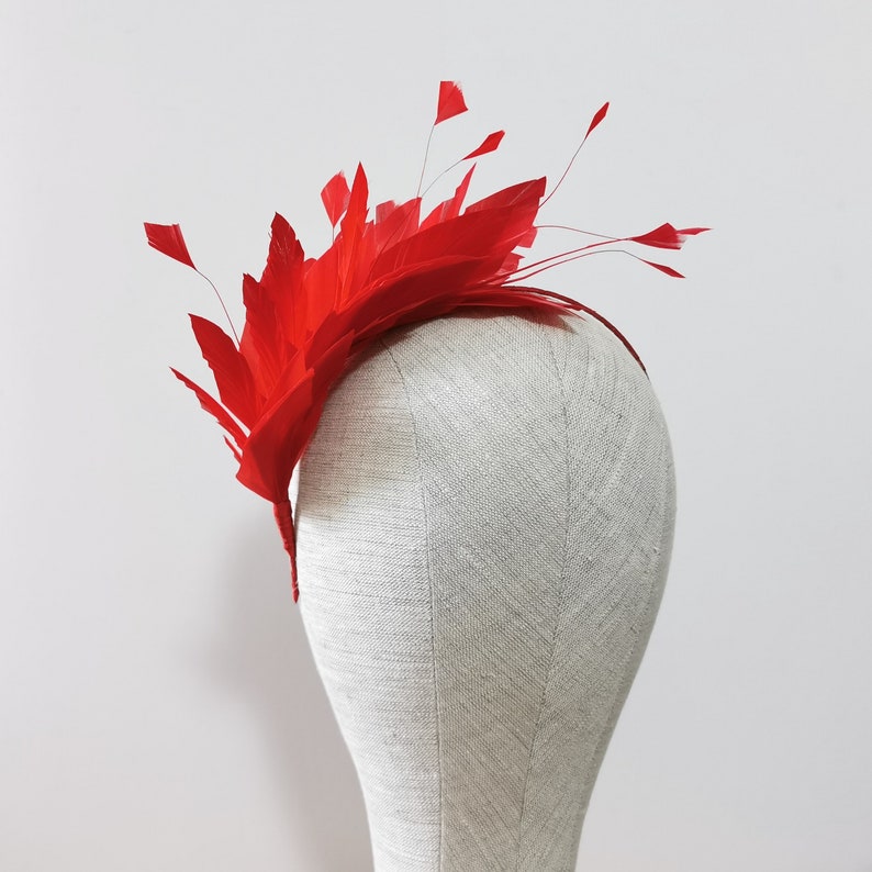 Red Feather Headband Fascinator Cardinal Rouge Feathers Wedding Bridesmaids Hair Accessory Black Brunette Blonde Gold Silver 'Luna' 