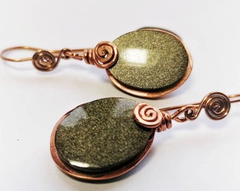 Earrings Gold Obsidian Copper