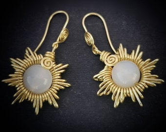 Earrings sun moonstone in brass or copper