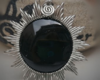 Anhänger schwarzer Obsidian Sonne 45mm Edelstahl