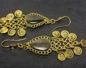 Long earrings gold obsidian brass