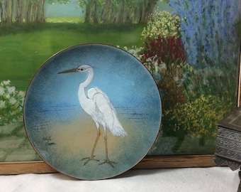 Vintage Enamel on Copper Plate with Bird