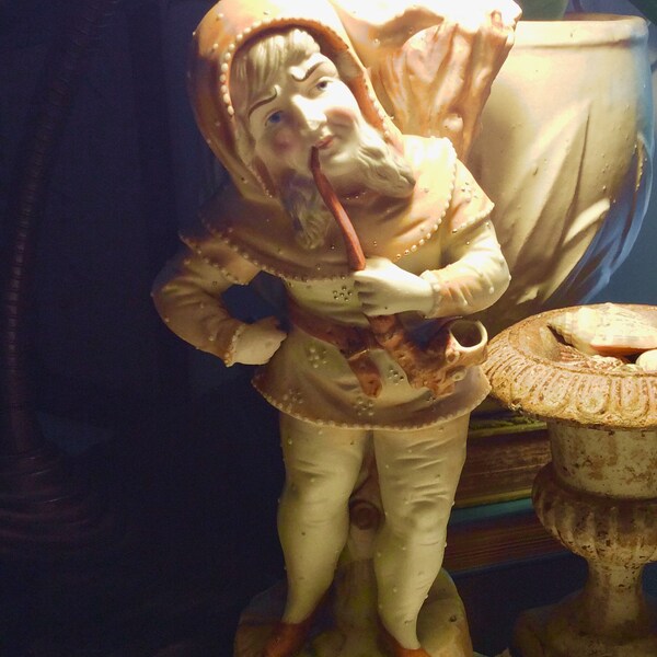 Antique Bisque Porcelain Smoking Gnome Spill Vase, Pipe Smoker Collectible, Match Holder, Elf Collectible, Smoking Collectible