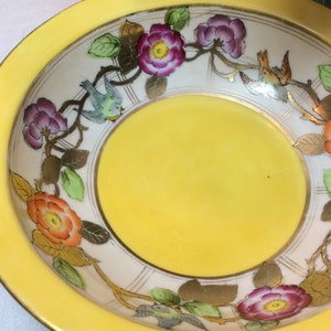 Yellow Bowl Art Deco Hand Painted Bowl, Hand Painted Serving Bowl, Bright Lemon Yellow China Bowl, Floral Bowl, Deco Gold Gilt Bowl