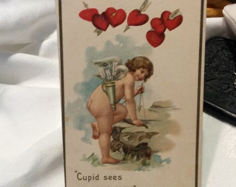 Valentine Card, Naked CUPID CARD,Valentines Day Postcard, Hunting Game Postcard, Mixed Media, Collectible Postcards