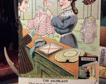 Vinegar Valentine Postcard, The Saleslady, 1900's Card, Penny Dreadful, Humor Comedy Postcard