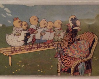 Easter Postcard, Vintage Easter Postcard, Mother Hen Directing Chicks in Chorus, Teacher Hen with Student Chicks, "A Joyful Easter"