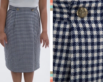 Vintage Navy and Cream Gingham Nautical Wool Midi Skirt