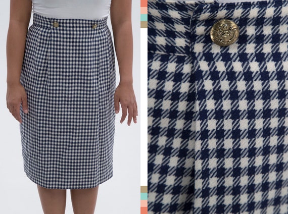 Vintage Navy and Cream Gingham Nautical Wool Midi… - image 1