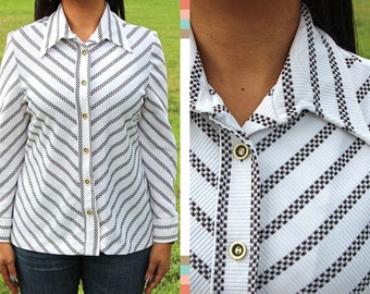 Ivory Brown Zig Zag Button Up Blouse