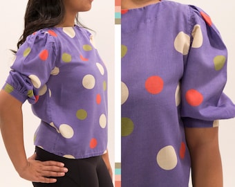 Vintage Purple Polka Dot Puff Sleeved Top