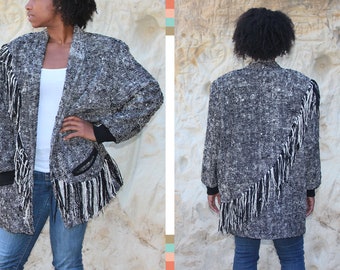 Vintage Oversized Black White Fringe Tweed Jacket