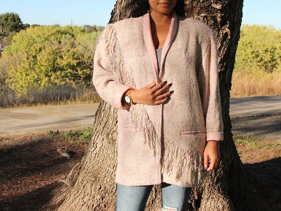 Vintage Pink Cream Fringe Tweed Jacket - image 2