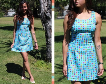 Vintage Sky Blue Floral Double Scoop Neck Dress