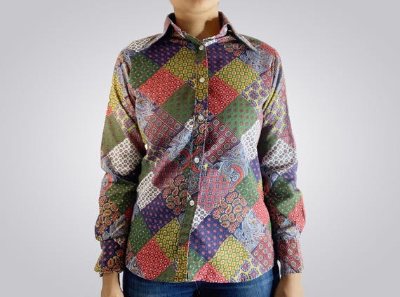 Vintage Wing Collar Patchwork Blouse - image 1