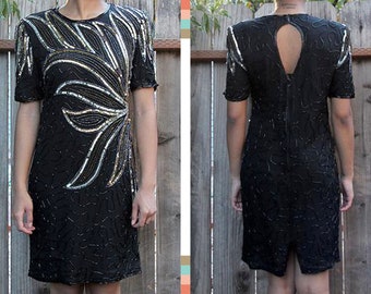 Vintage Black Gold Silver Sequins Short Sleeve Dress