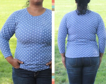 Vintage Crew Neck Polka Dot Denim Shirt