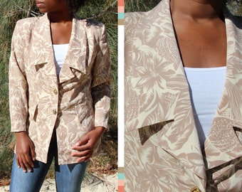 Vintage Tan Floral Longline Jacket with Shoulder Pads