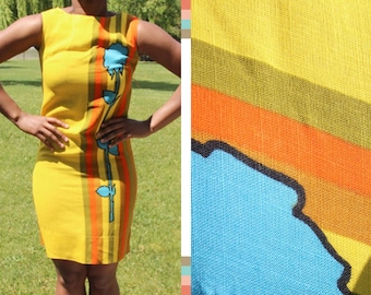 Vintage Handmade Sleeveless Yellow Midi Graphic Dress