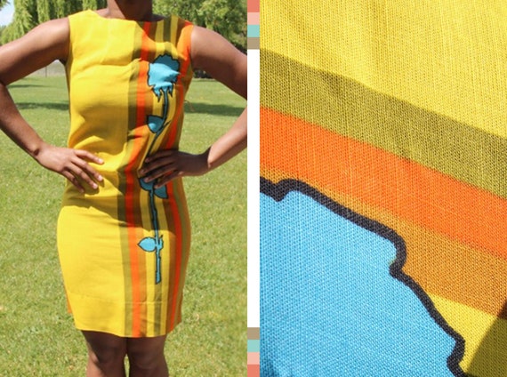 Vintage Handmade Sleeveless Yellow Midi Graphic D… - image 1