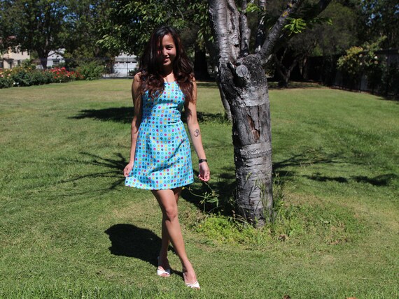 Vintage Sky Blue Floral Double Scoop Neck Dress - image 5