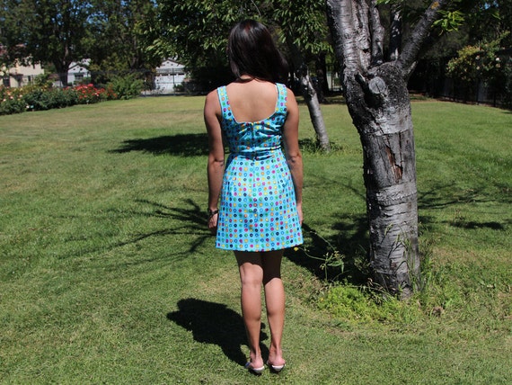 Vintage Sky Blue Floral Double Scoop Neck Dress - image 2