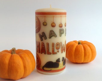 Happy Halloween Decoration, Halloween Candle, Retro Halloween Decor, Rustic Fall Decor, Halloween Mantle, Halloween Table Decor, Black Cat