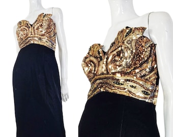 Vintage 80s AJ Bari Sequin beaded / Black Velvet Dress Small