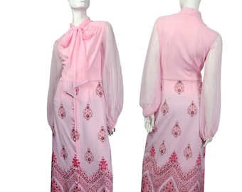 Vintage 70s Shaheen Pink Long Dress Small
