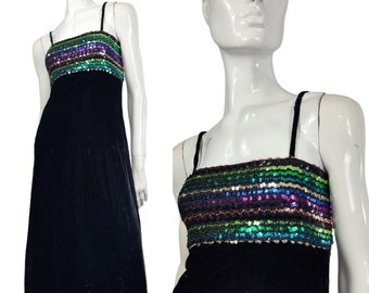 Vintage 70s Betty Lane Black Velvet Sequin Dress