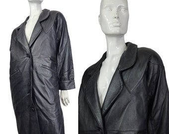 Vintage Long Black Leather Coat M/L