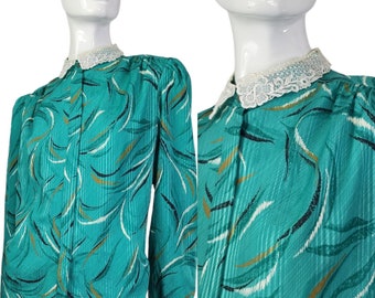 Vintage Grüne Bluse Spitzenkragen Large