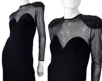 Vintage 80s 90s Betsy & Adam Black Velvet and Mesh Bodycon Dress Small