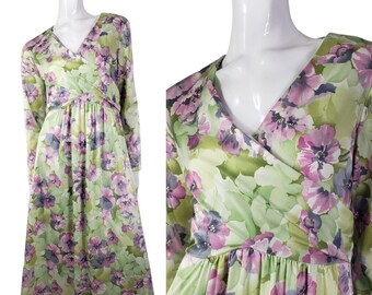 Vintage 70-tals Yves Jennet lång grön blommig klänning liten