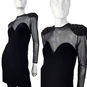 Vintage 80s 90s Betsy & Adam Black Velvet and Mesh Bodycon Dress Small