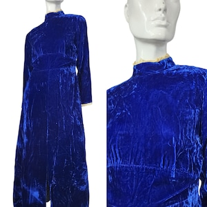 Vintage 60s 70s Navy Blue Velvet Dress Small