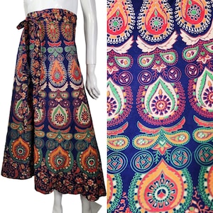 Vintage  Summer Cotton Mandala Boho Peacock Long Wrap Skirt - Adjustable One Size Fits Most Free Size