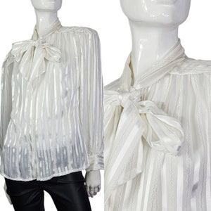 Vintage La Blouse White Semi Sheer Blouse with Metallic Gold Stripes Blouse Large
