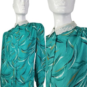 Vintage Green Blouse Lace Collar Large