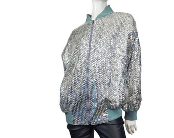 Vintage Silver Sequined Bomber Jacket L/XL