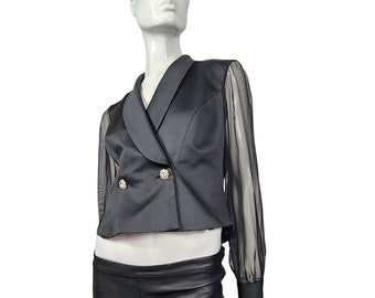 Vintage 80s Black Blazer Sheer Sleeves Rhinestone Buttons S