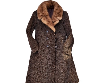 50s 60s Brown Coat with Fur Collar XS / S