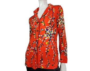 Vintage 70s Magnin Ladies Stretch Polyester Pointy Collar  Shirt S/M