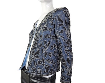 Vintage 90s Blue Beaded Jacket Blazer Adrianna Papell Small