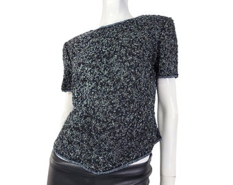 Vintage Papell Boutique Black and Gray Beaded Blouse S/M