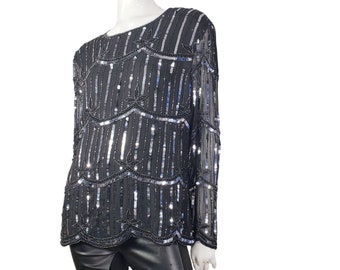 Vintage STENAY Black Beaded Sequin Blouse M